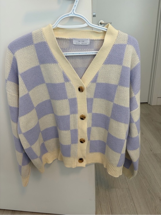OAK + FORT Sweaters - Oak & Fort Checkered Cardigan Sweater in Lavender and Cream